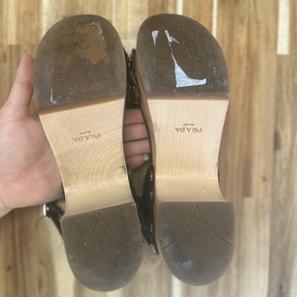 Prada Wood Studded Pony Hair Leopard Leather Buckle Clog Sandals RARE - Picture 4 of 8